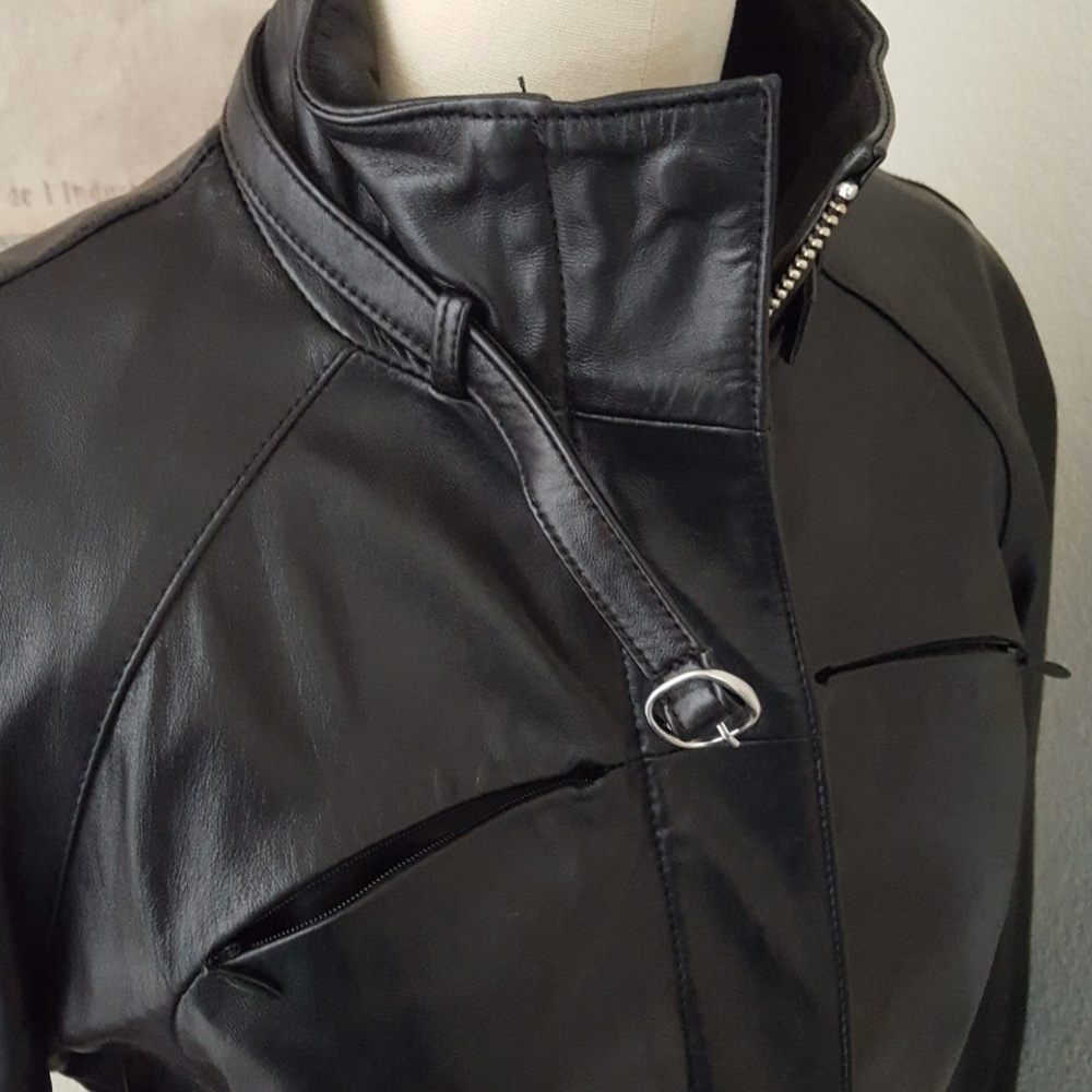 Bebe 90's Vintage Leather Funnel Neck Moto Style Jacket - Picture 2 of 8